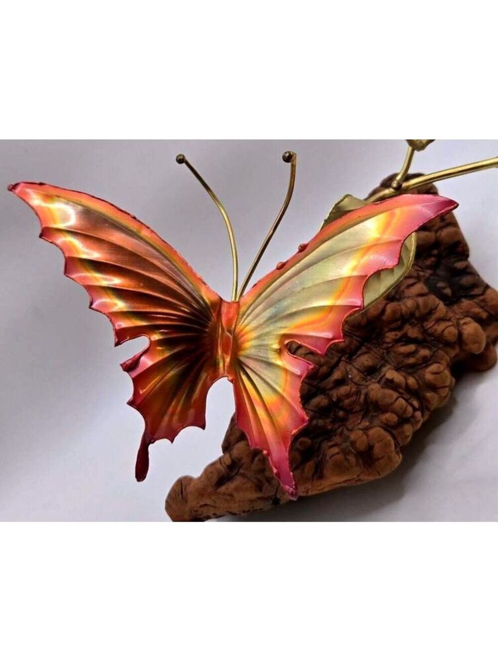 M. Hinz Mid-Century Modern Metal Butterfly and Rose Sculpture on Burlwood Base